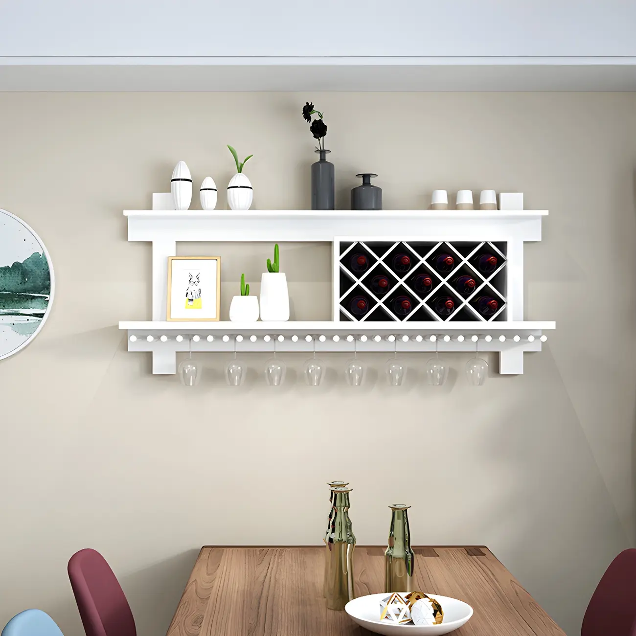 Pine Wooden Wall-Mounted Display Open Wine Bottle & Glass Rack Image - 6 | homeyfad