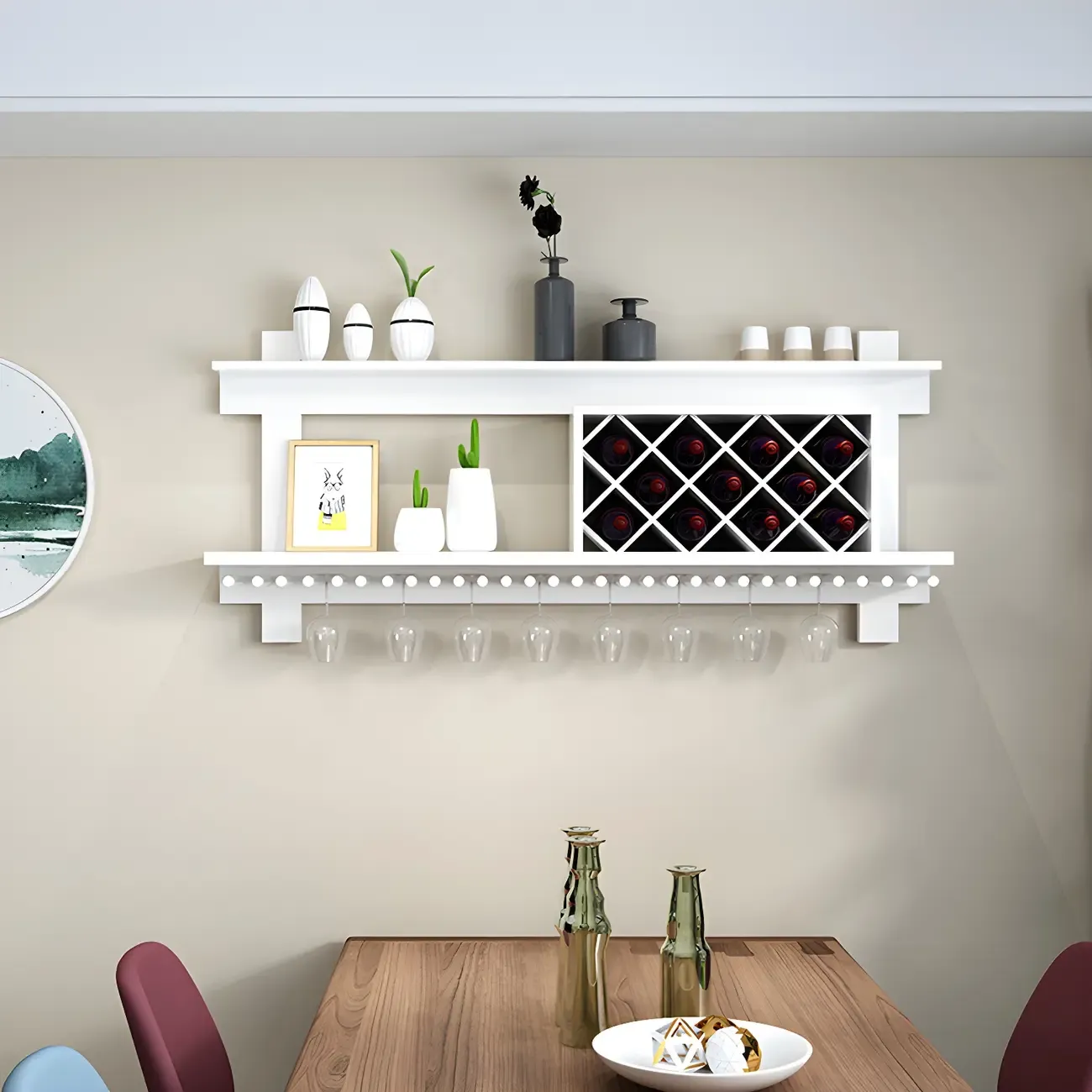 Pine Wooden Wall-Mounted Display Open Wine Bottle & Glass Rack Image - 6