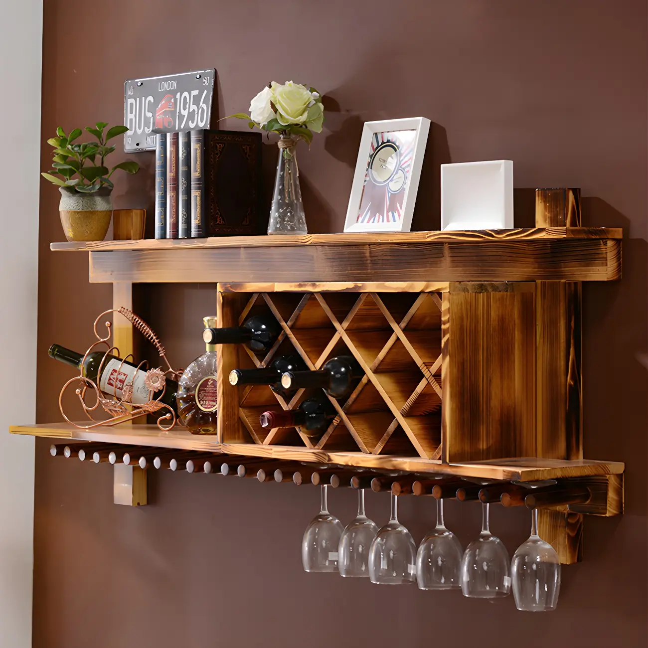 Pine Wooden Wall-Mounted Display Open Wine Bottle & Glass Rack Image - 9 | homeyfad