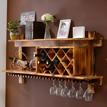 Pine Wooden Wall-Mounted Display Open Wine Bottle & Glass Rack Image - 9