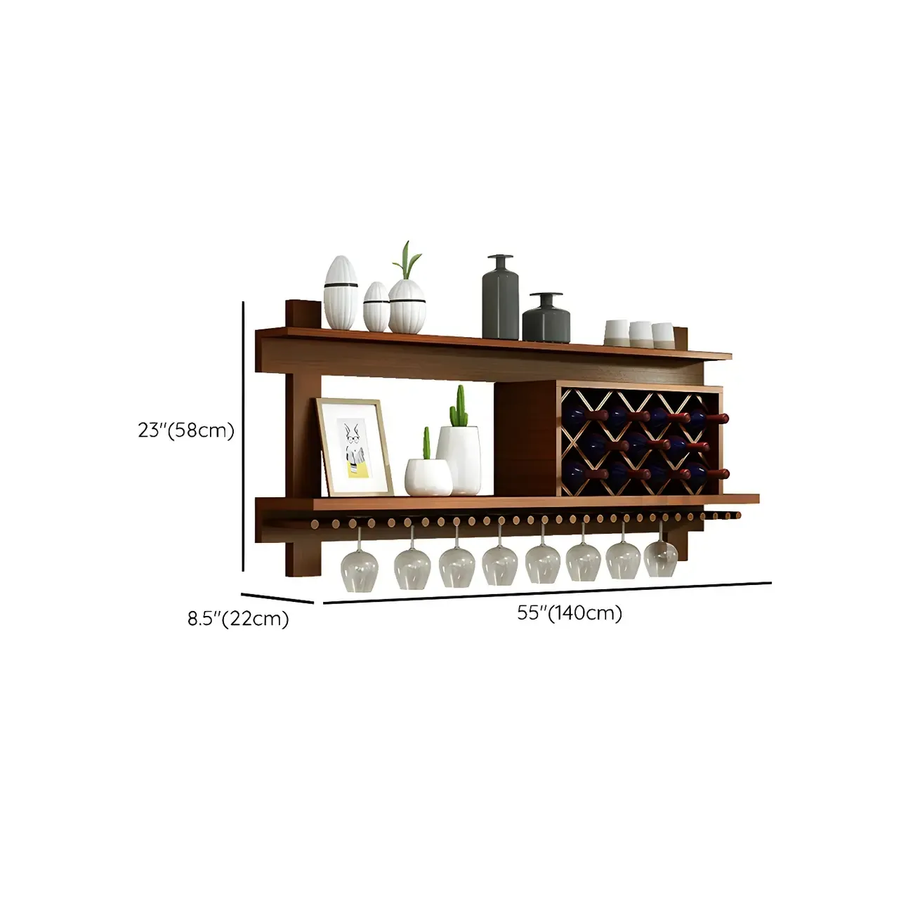 Pine Wooden Wall-Mounted Display Open Wine Bottle & Glass Rack Image - 29