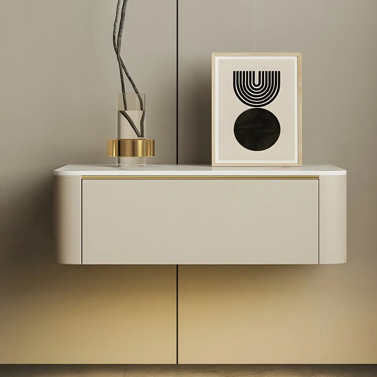 Beige 1 Drawer Faux Leather Stone Floating Nightstand Image - 3