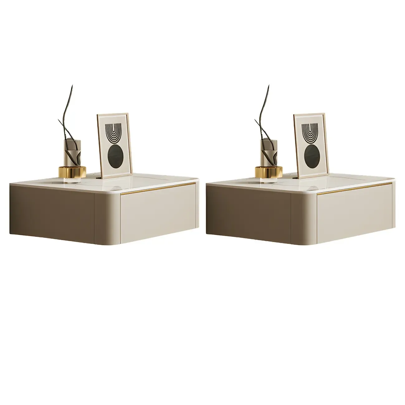 Beige 1 Drawer Faux Leather Stone Floating Nightstand Image - 7