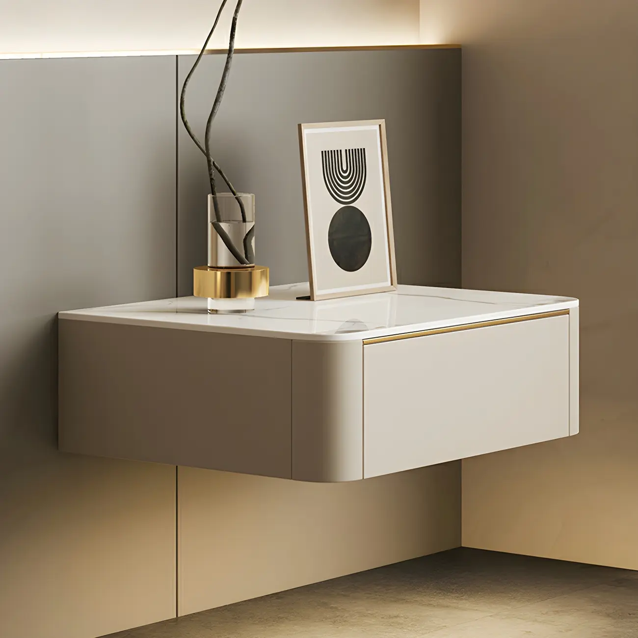 Beige 1 Drawer Faux Leather Stone Floating Nightstand Image - 1 | homeyfad