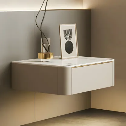 Beige 1 Drawer Faux Leather Stone Floating Nightstand Image - 1