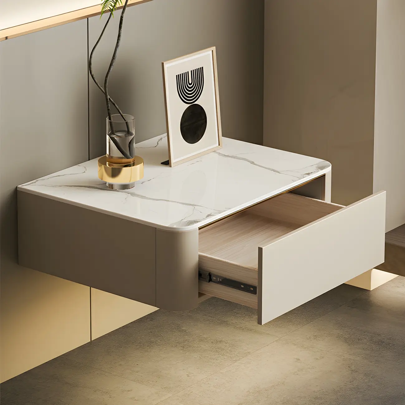 Beige 1 Drawer Faux Leather Stone Floating Nightstand Image - 2 | homeyfad