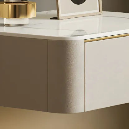 Beige 1 Drawer Faux Leather Stone Floating Nightstand Image - 5