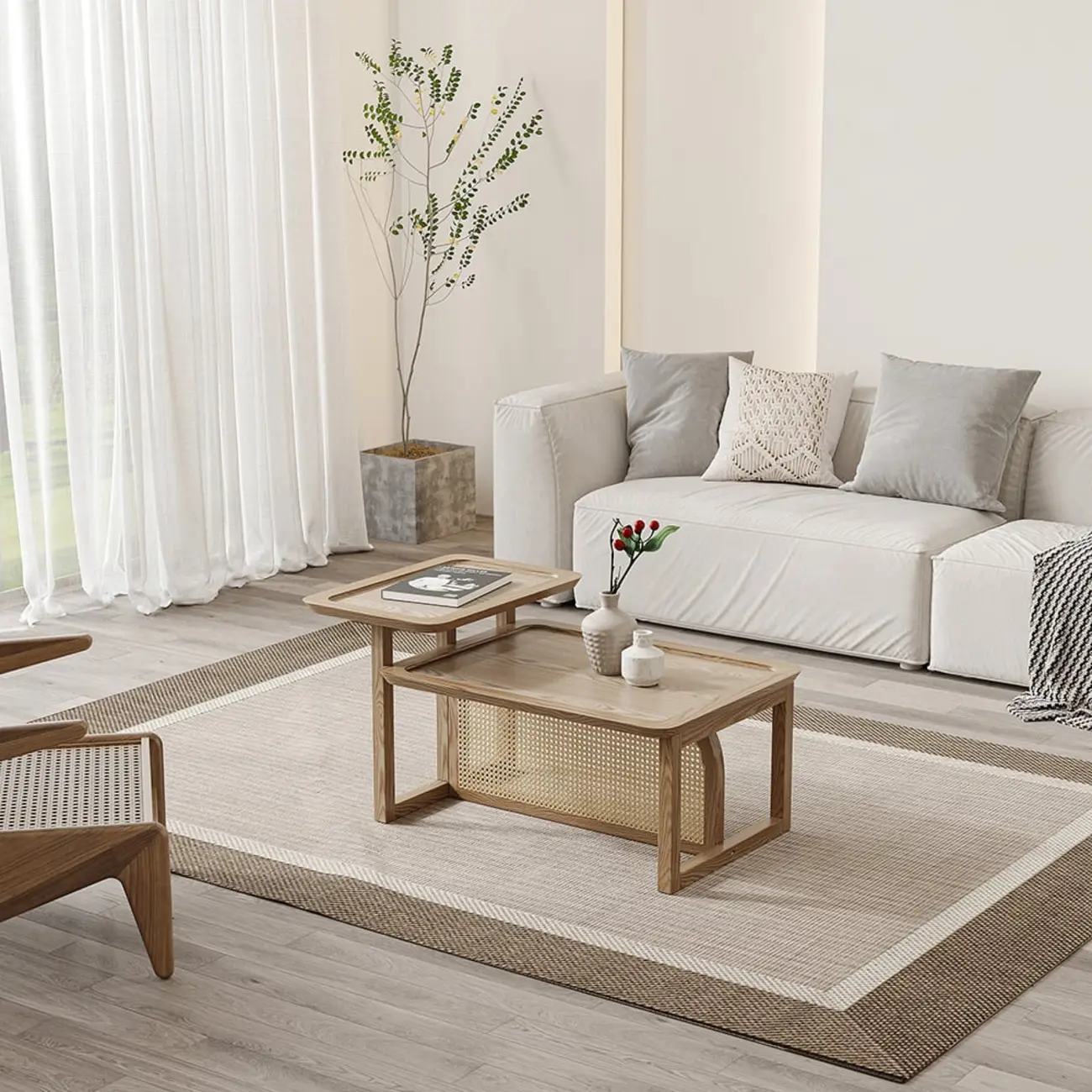 Coffee Table Set in Ash Wood and Rattan with Nesting Design Image - 5 | homeyfad