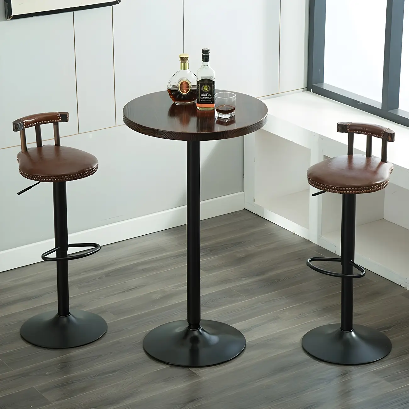 Minimalist Pedestal Wood Metal Round Bar Height Table Image - 1 | homeyfad