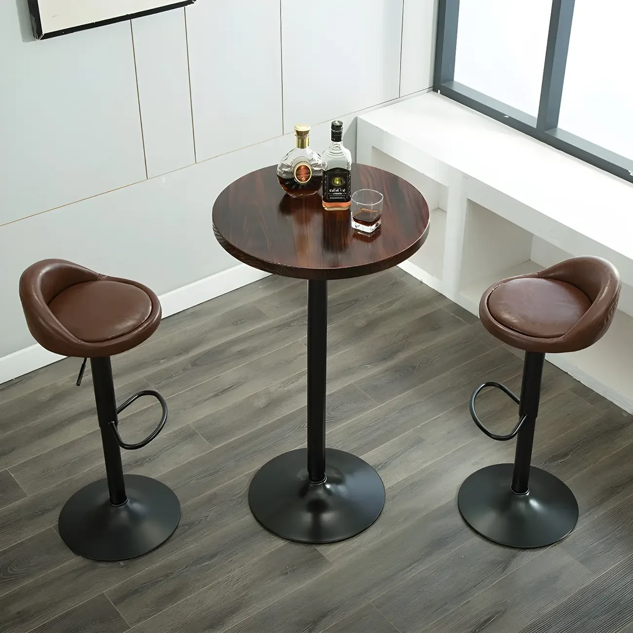 Minimalist Pedestal Wood Metal Round Bar Height Table Image - 3