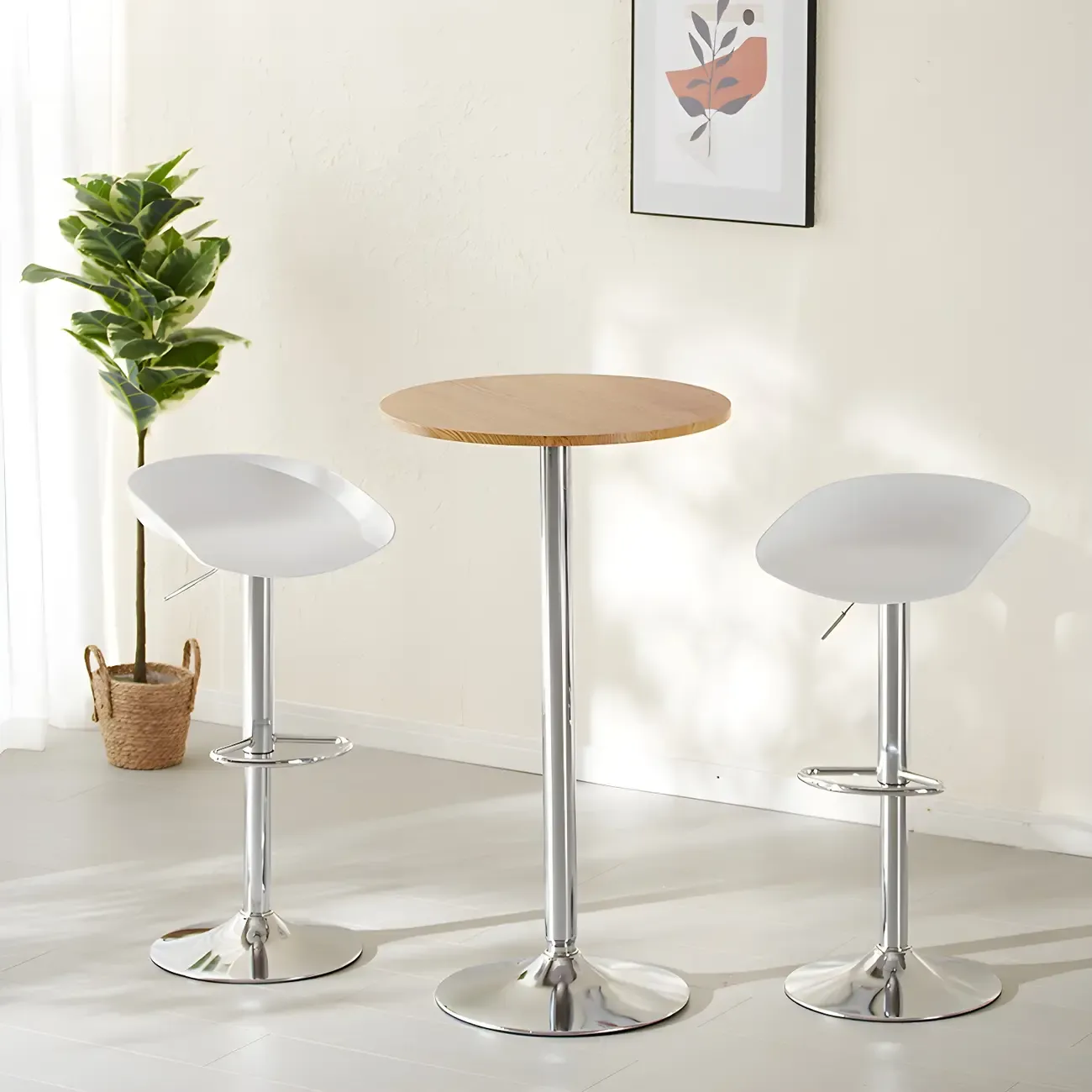 Minimalist Pedestal Wood Metal Round Bar Height Table Image - 5