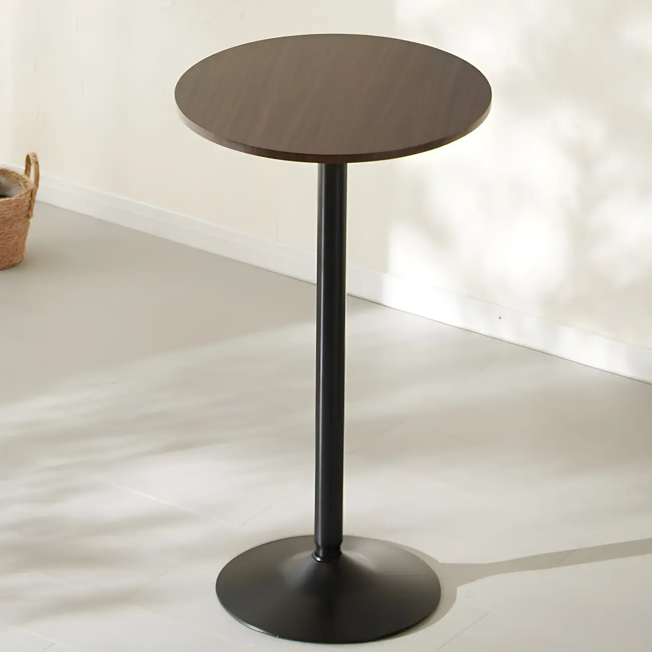 Minimalist Pedestal Wood Metal Round Bar Height Table Image - 9