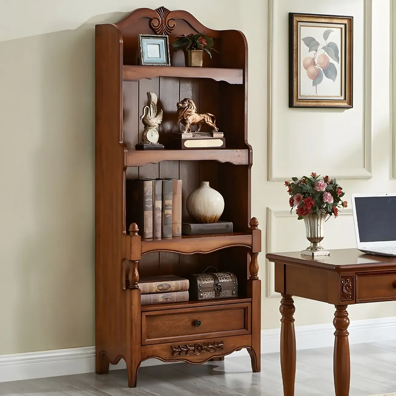 Traditional Wood 3-Shelf Brown Bookcase with Drawer Image - 1