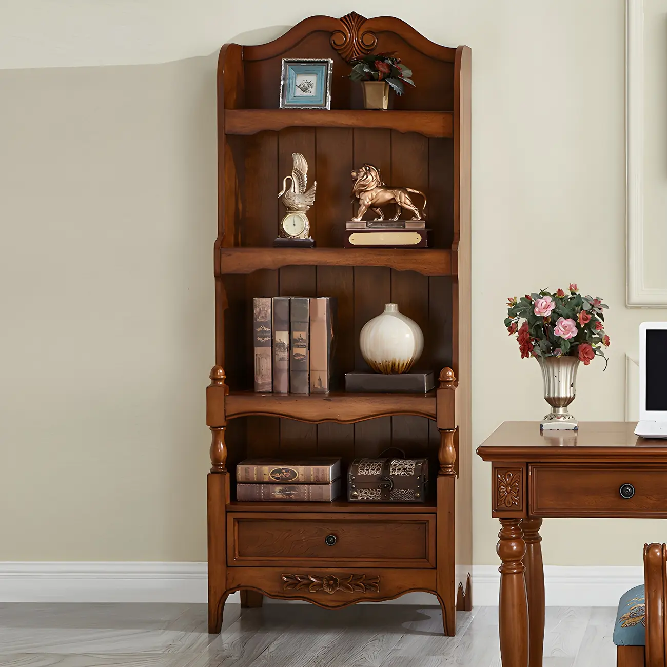 Traditional Wood 3-Shelf Brown Bookcase with Drawer Image - 2 | homeyfad