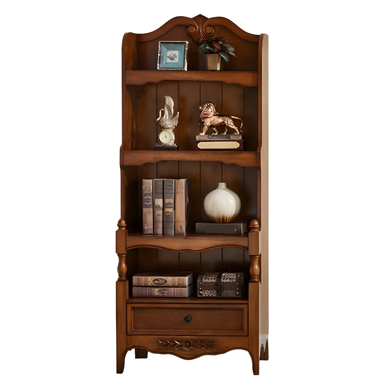 Traditional Wood 3-Shelf Brown Bookcase with Drawer Image - 5 | homeyfad
