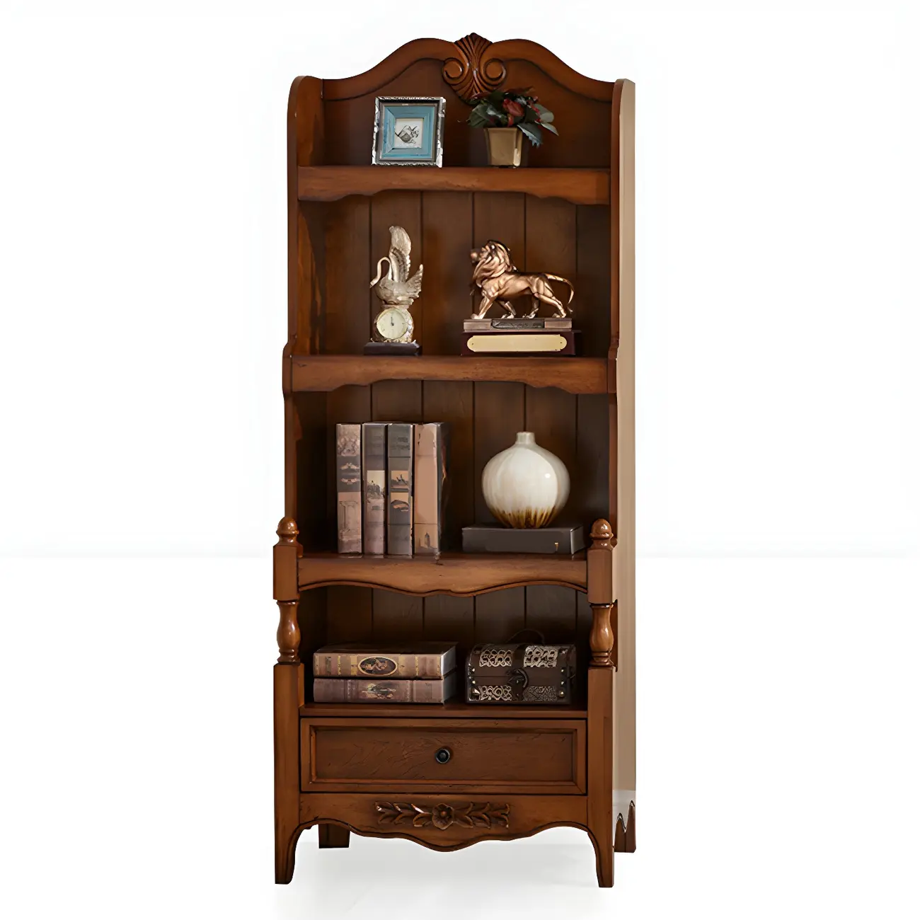 Traditional Wood 3-Shelf Brown Bookcase with Drawer Image - 11 | homeyfad