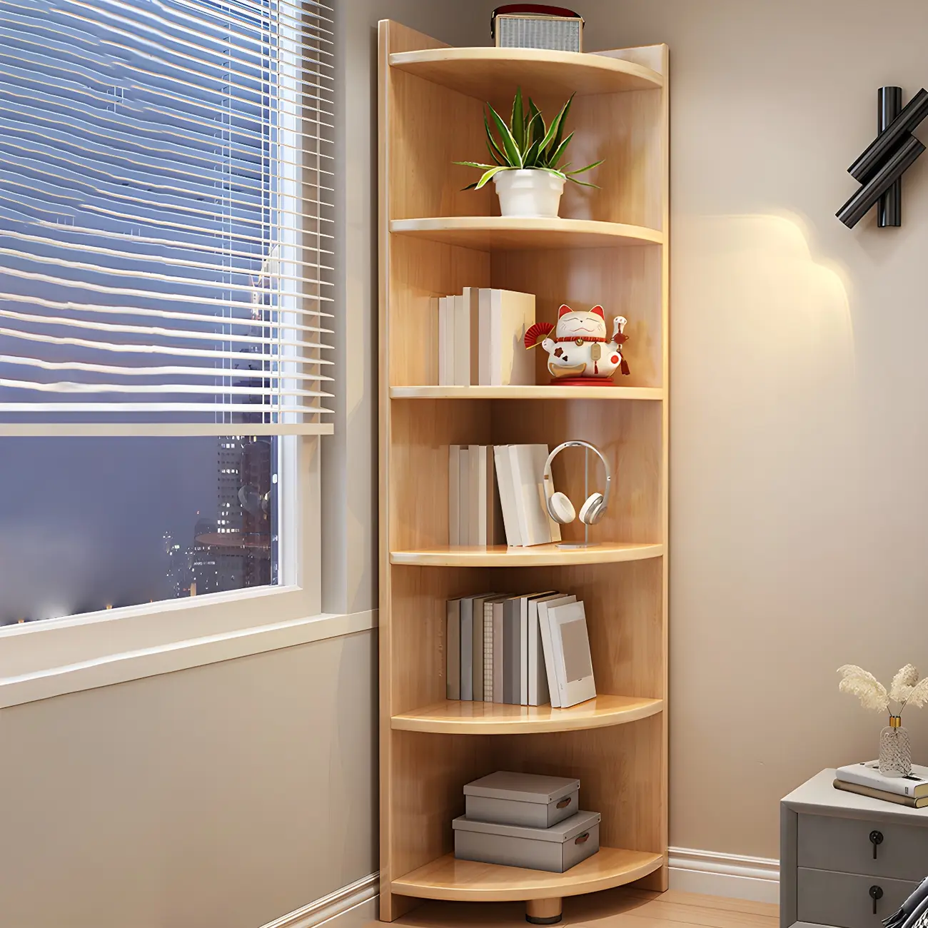 Contemporary Space-Saving Wood Walnut Corner Bookcase Image - 2 | homeyfad