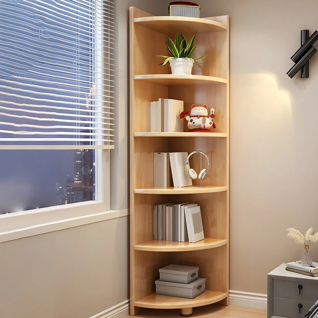 Contemporary Space-Saving Wood Walnut Corner Bookcase Image - 2