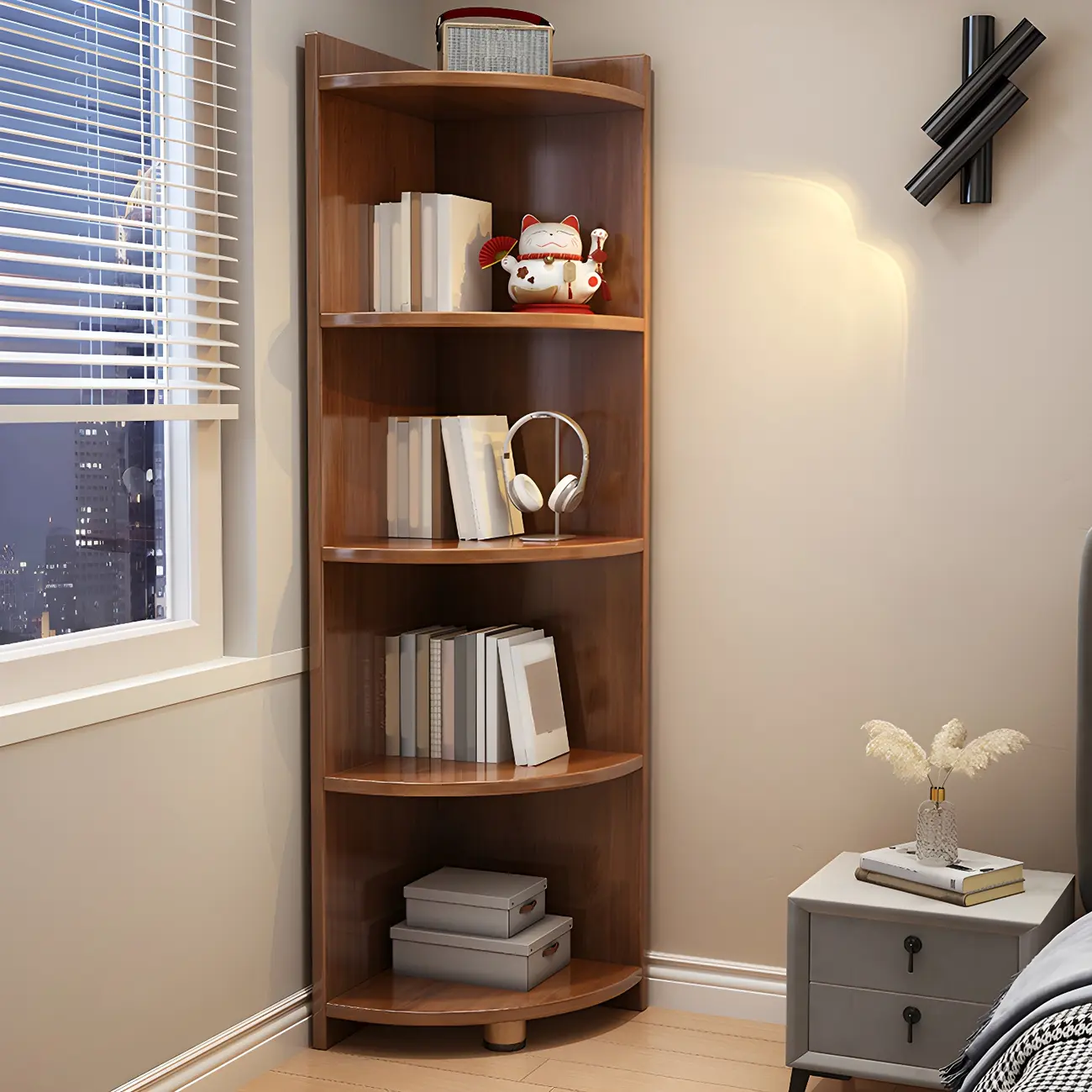 Contemporary Space-Saving Wood Walnut Corner Bookcase Image - 12 | homeyfad