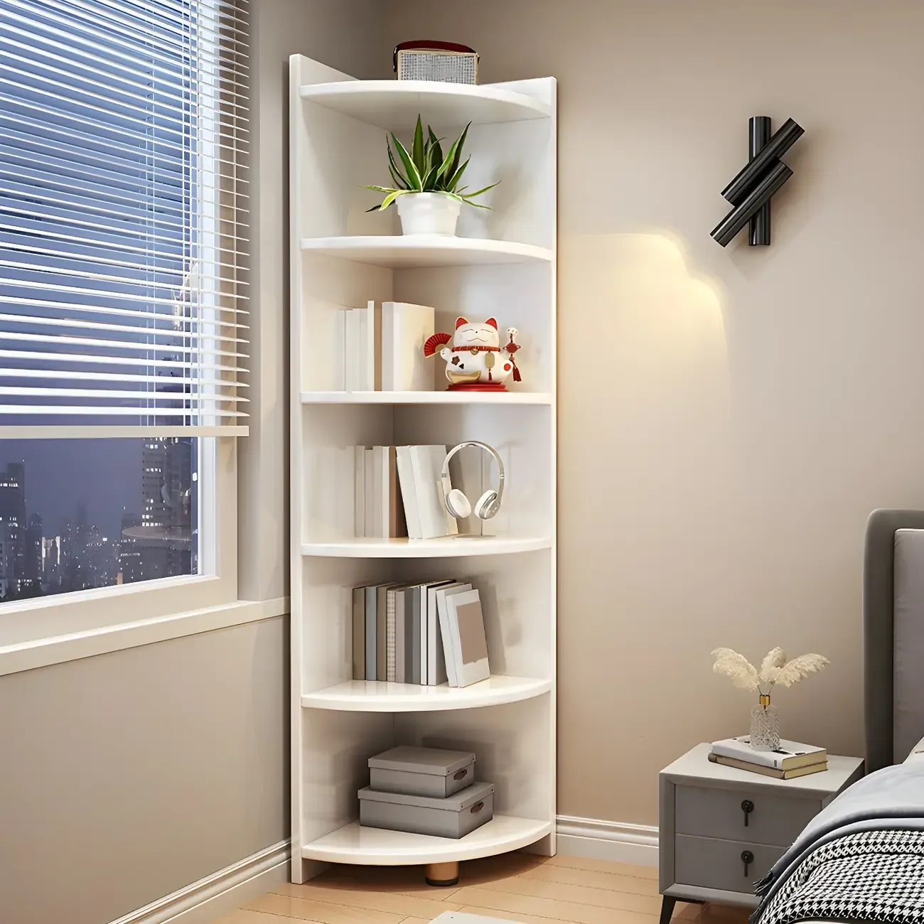 Contemporary Space-Saving Wood Walnut Corner Bookcase Image - 15