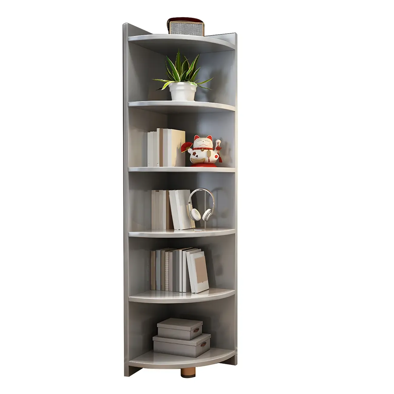 Contemporary Space-Saving Wood Walnut Corner Bookcase Image - 17