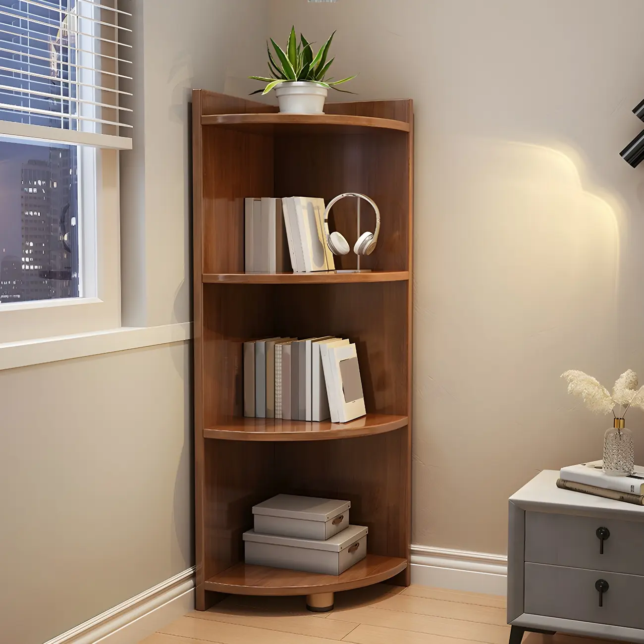 Contemporary Space-Saving Wood Walnut Corner Bookcase Image - 8 | homeyfad