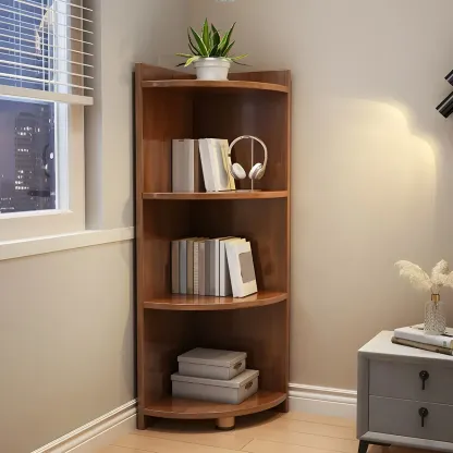 Contemporary Space-Saving Wood Walnut Corner Bookcase Image - 8