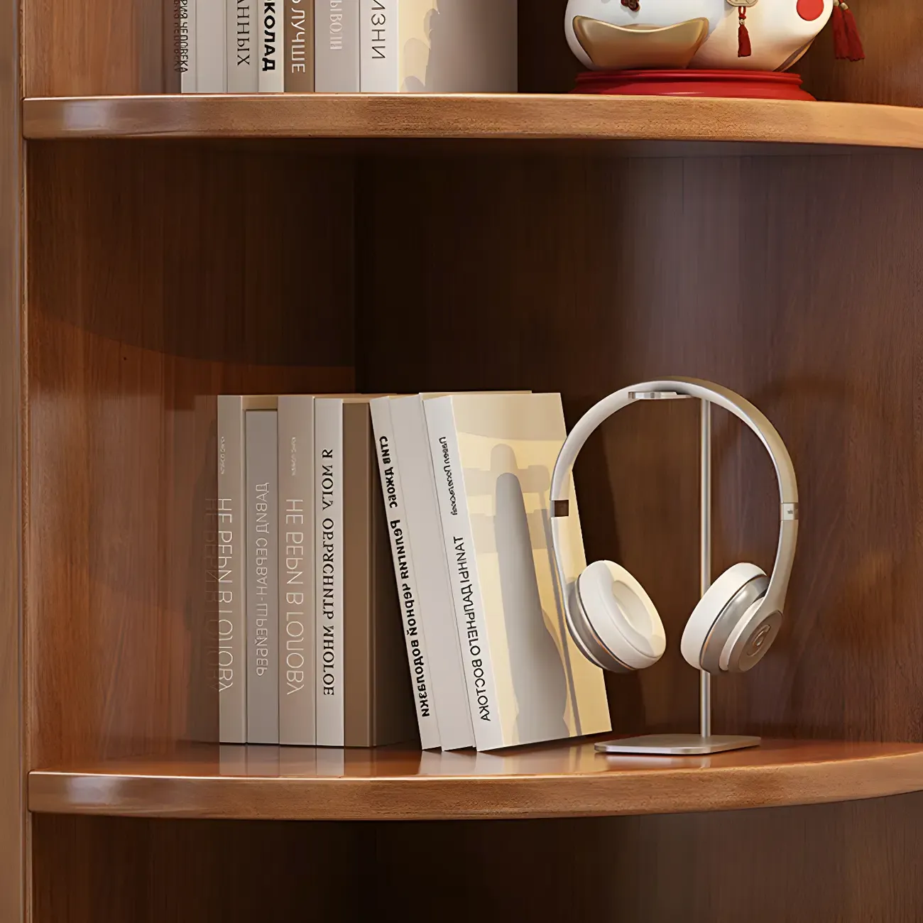 Contemporary Space-Saving Wood Walnut Corner Bookcase Image - 3