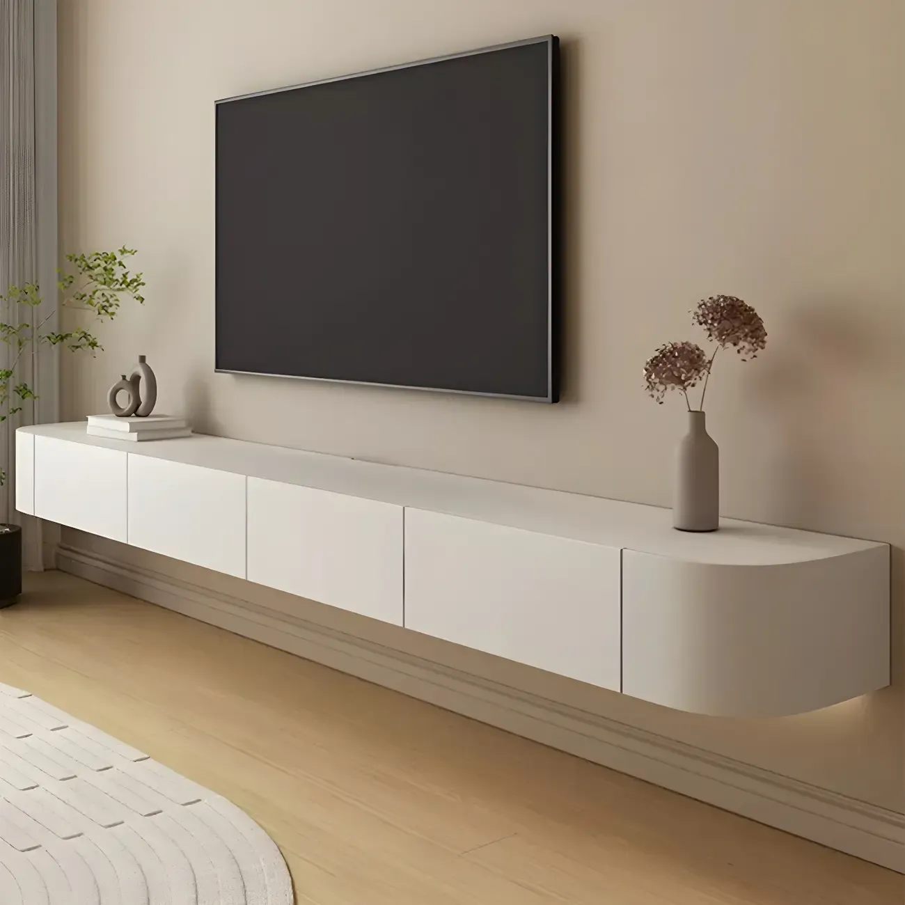 Modern Wooden Wall-Mounted TV Stand in White Image - 1