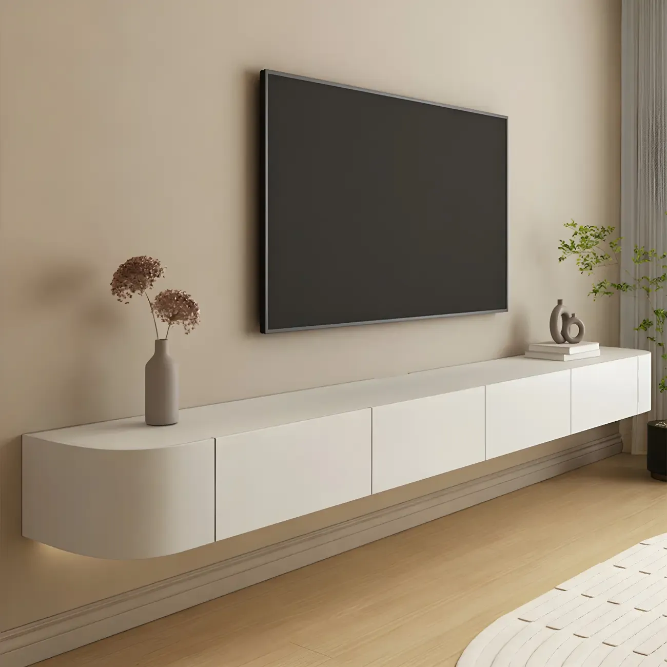 Modern Wooden Wall-Mounted TV Stand in White Image - 2