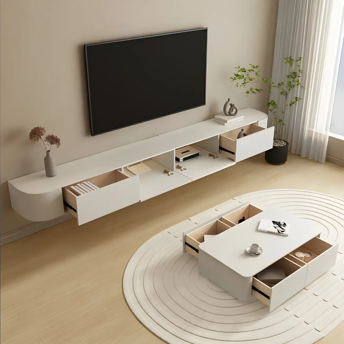 Modern Wooden Wall-Mounted TV Stand in White Image - 3