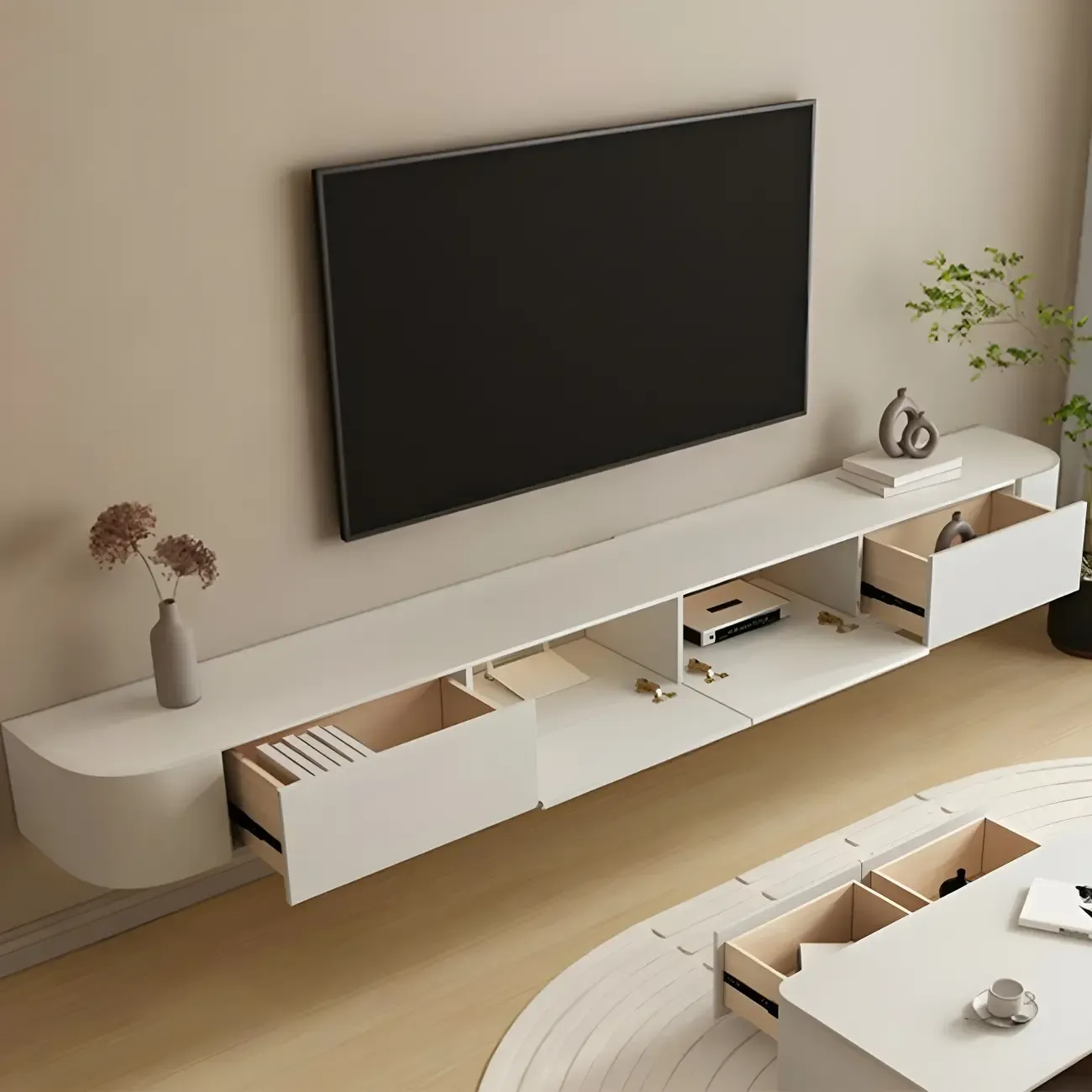 Modern Wooden Wall-Mounted TV Stand in White Image - 9