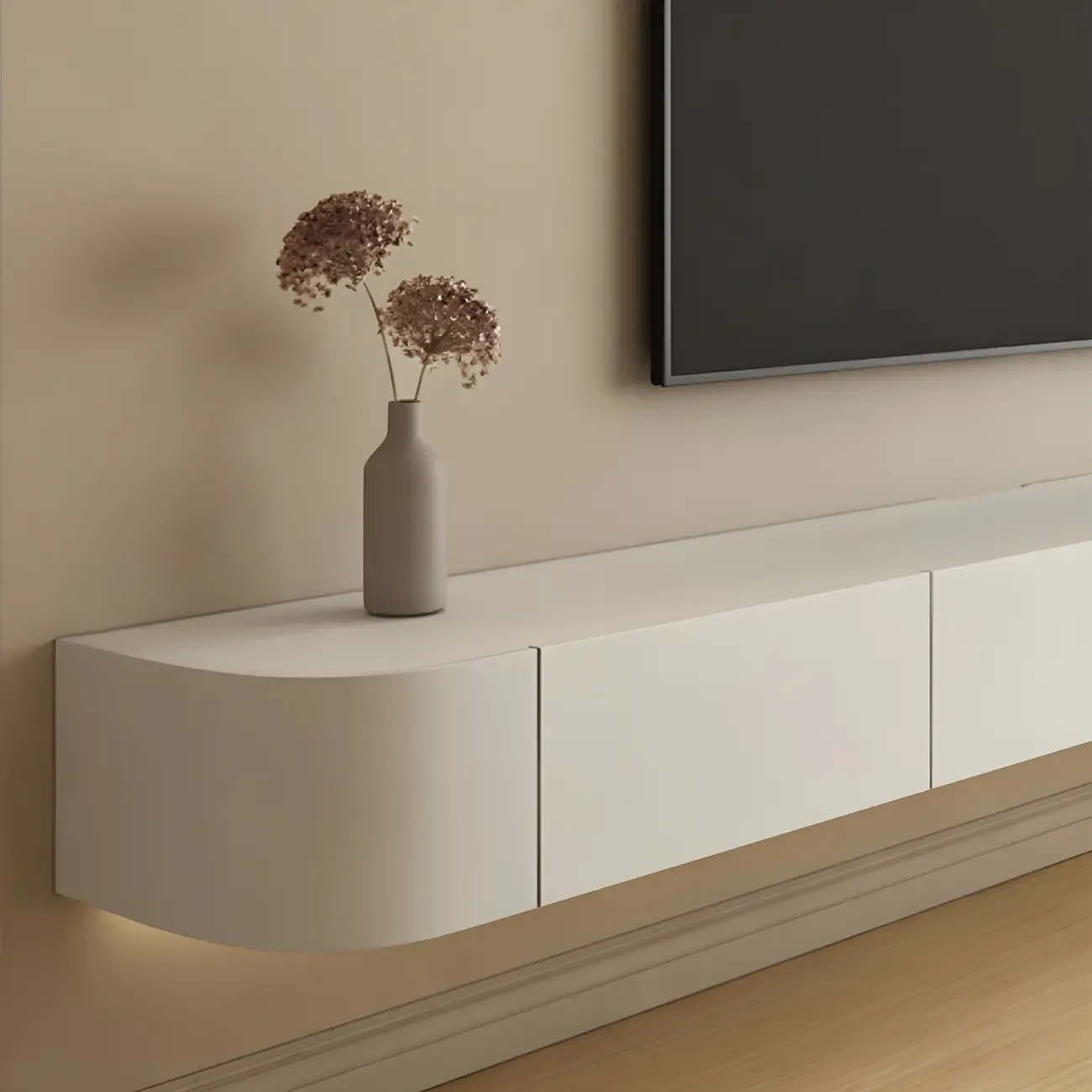 Modern Wooden Wall-Mounted TV Stand in White Image - 11