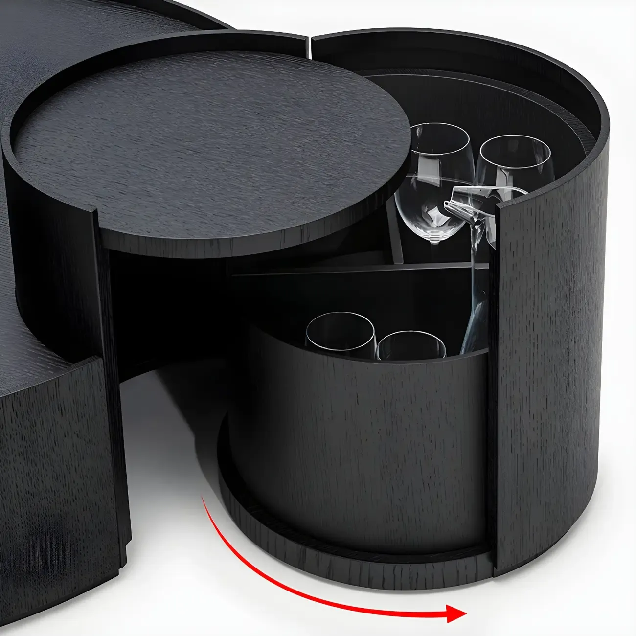 Black Round Modern Nesting Wood Coffee Table with Storage Image - 7
