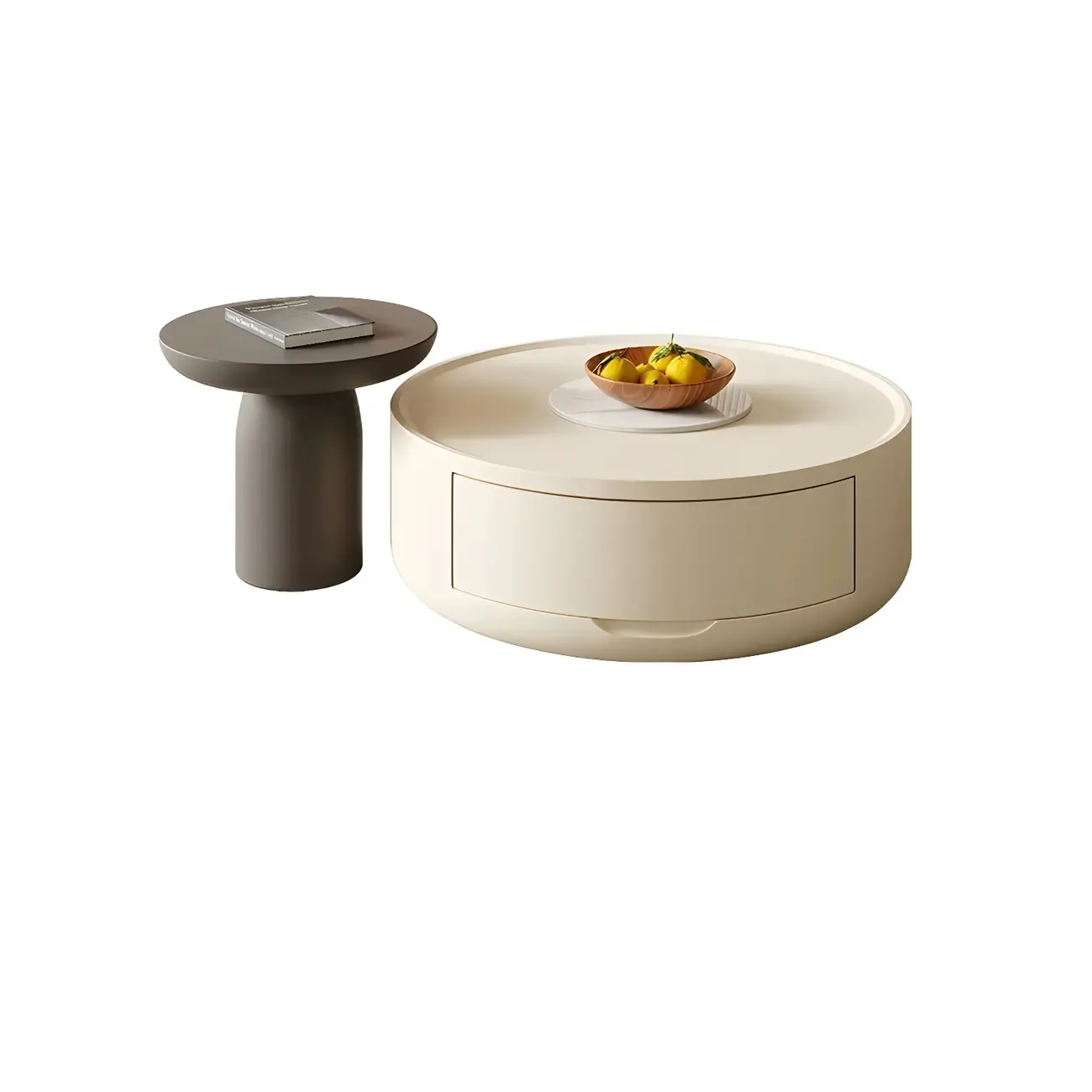 White Sleek Round Wood Drawer Coffee Table Image - 14