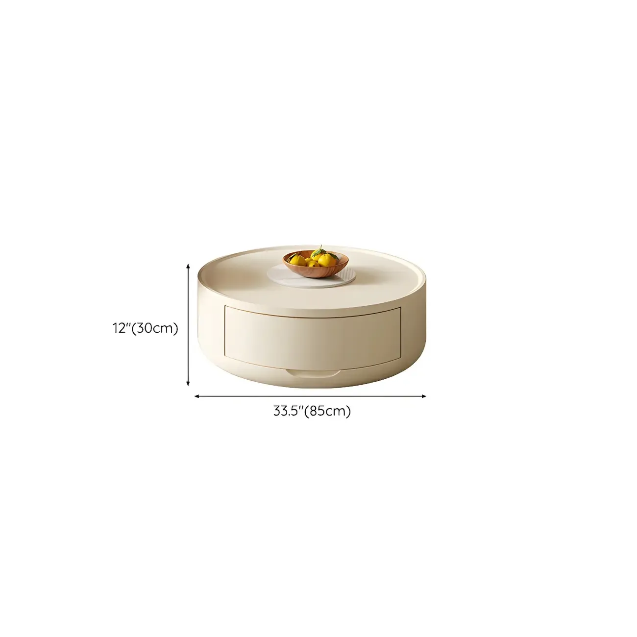 White Sleek Round Wood Drawer Coffee Table #size