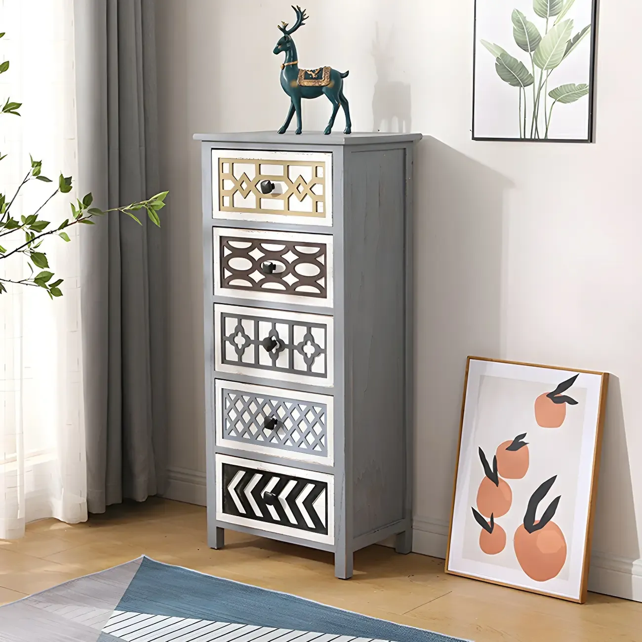 Bohemian Rustic Wood Narrow Bachelor Chest for Bedroom Image - 5