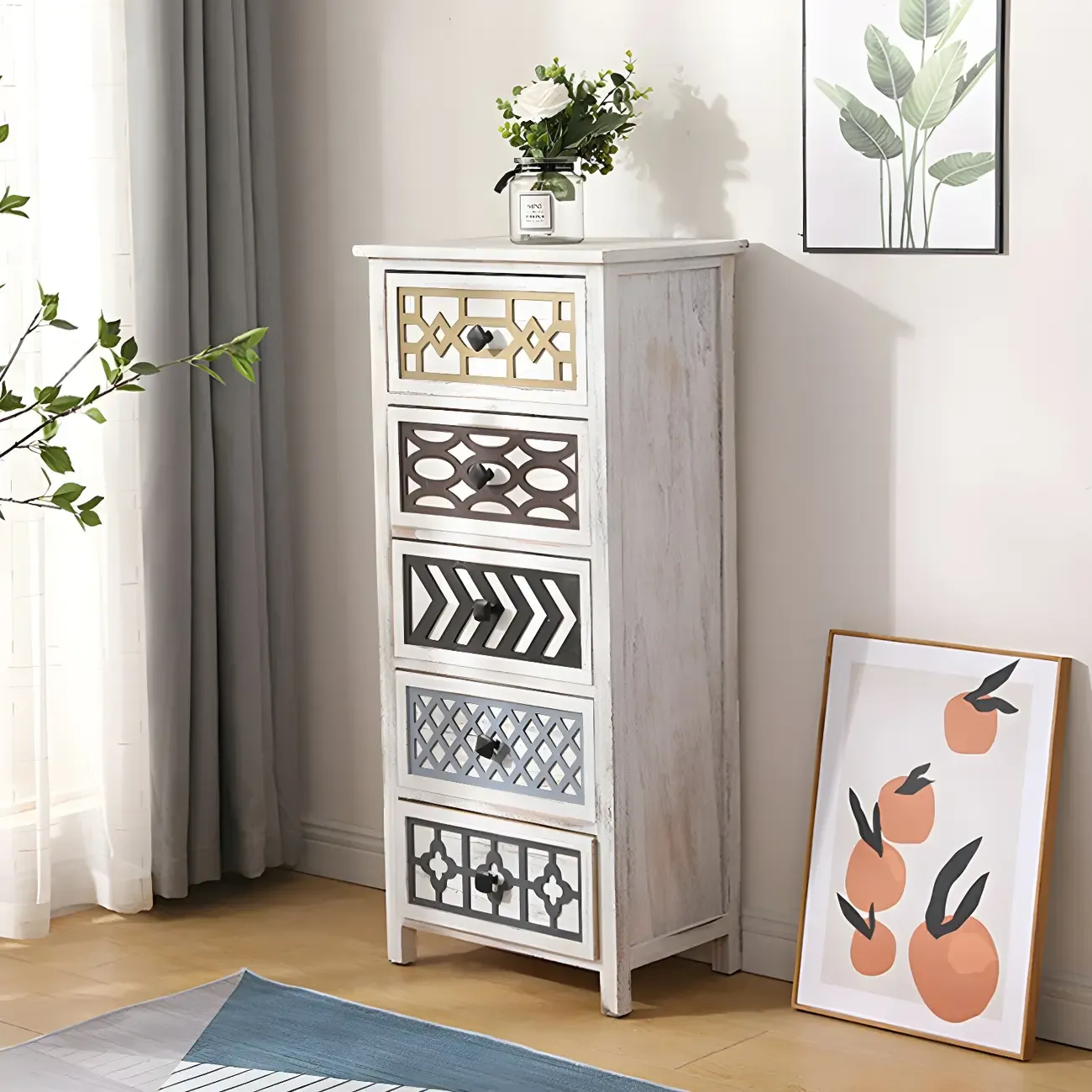 Bohemian Rustic Wood Narrow Bachelor Chest for Bedroom Image - 8