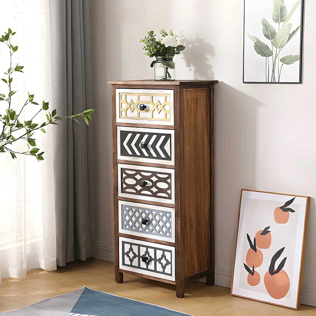 Bohemian Rustic Wood Narrow Bachelor Chest for Bedroom Image - 13 | homeyfad