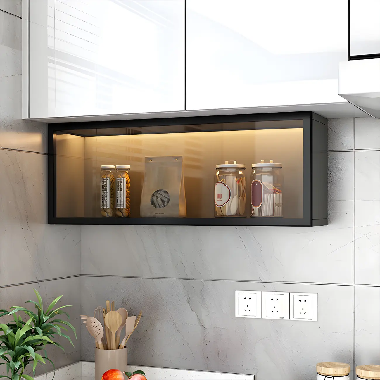 Kitchen Wood Wall Mounted China Cabinet with Glass Door Image - 2 | homeyfad