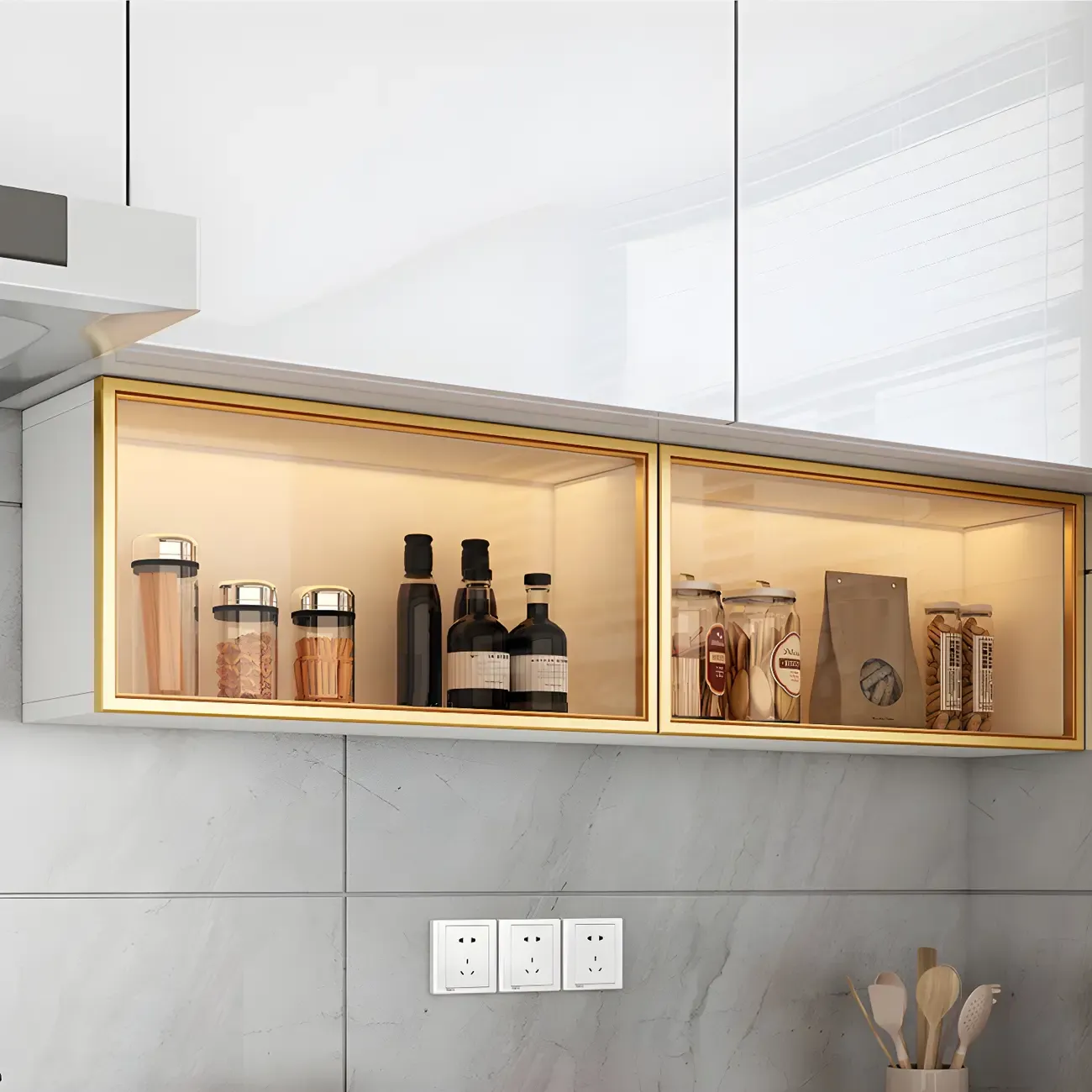 Kitchen Wood Wall Mounted China Cabinet with Glass Door Image - 16