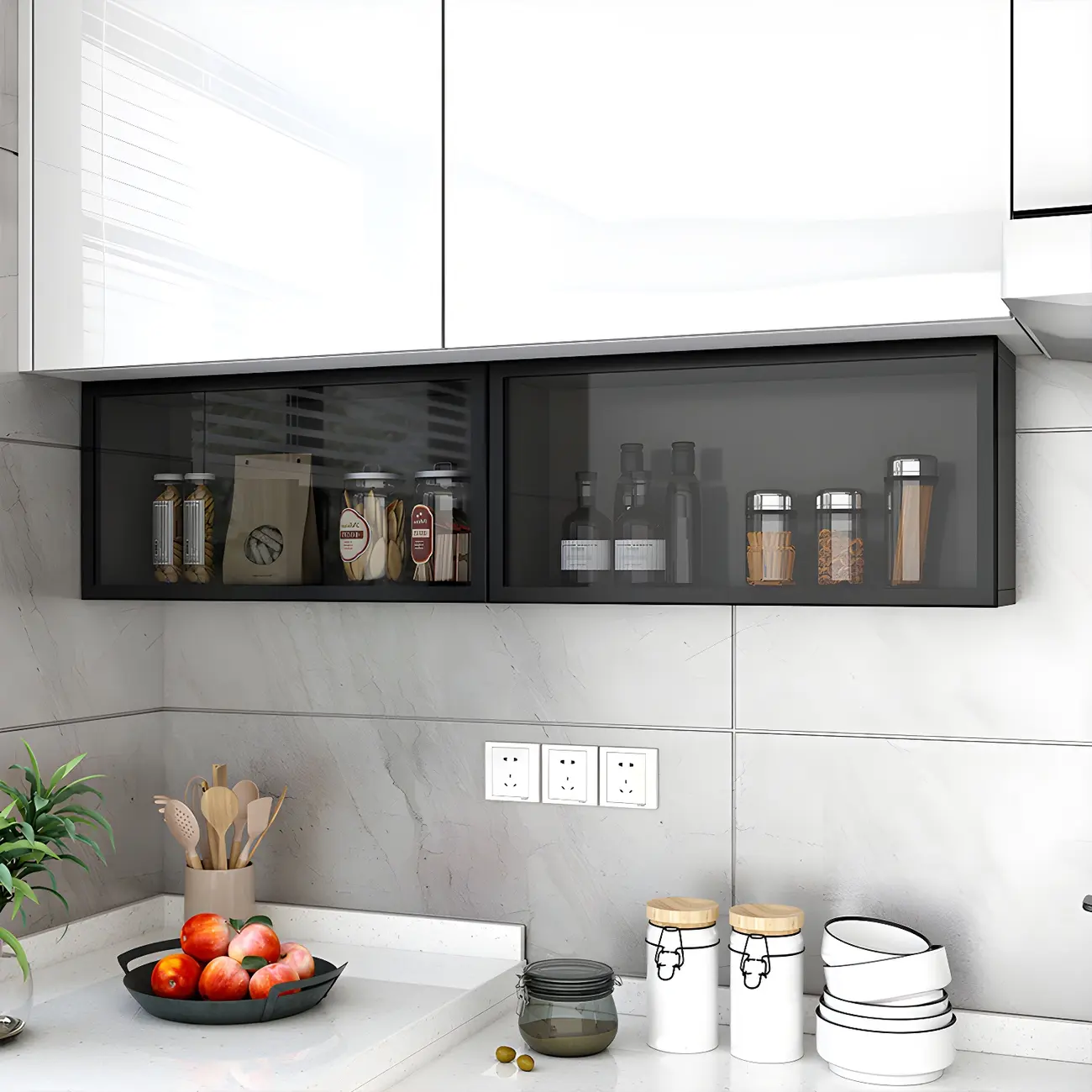 Kitchen Grey Wood Wall-Mounted Display Cabinet Image - 7 | homeyfad