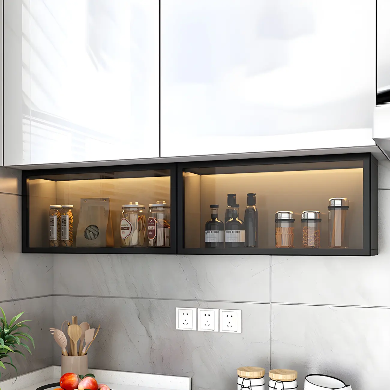 Kitchen Grey Wood Wall-Mounted Display Cabinet Image - 14 | homeyfad