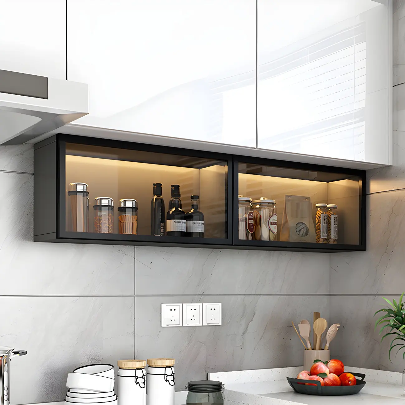 Kitchen Grey Wood Wall-Mounted Display Cabinet Image - 16 | homeyfad