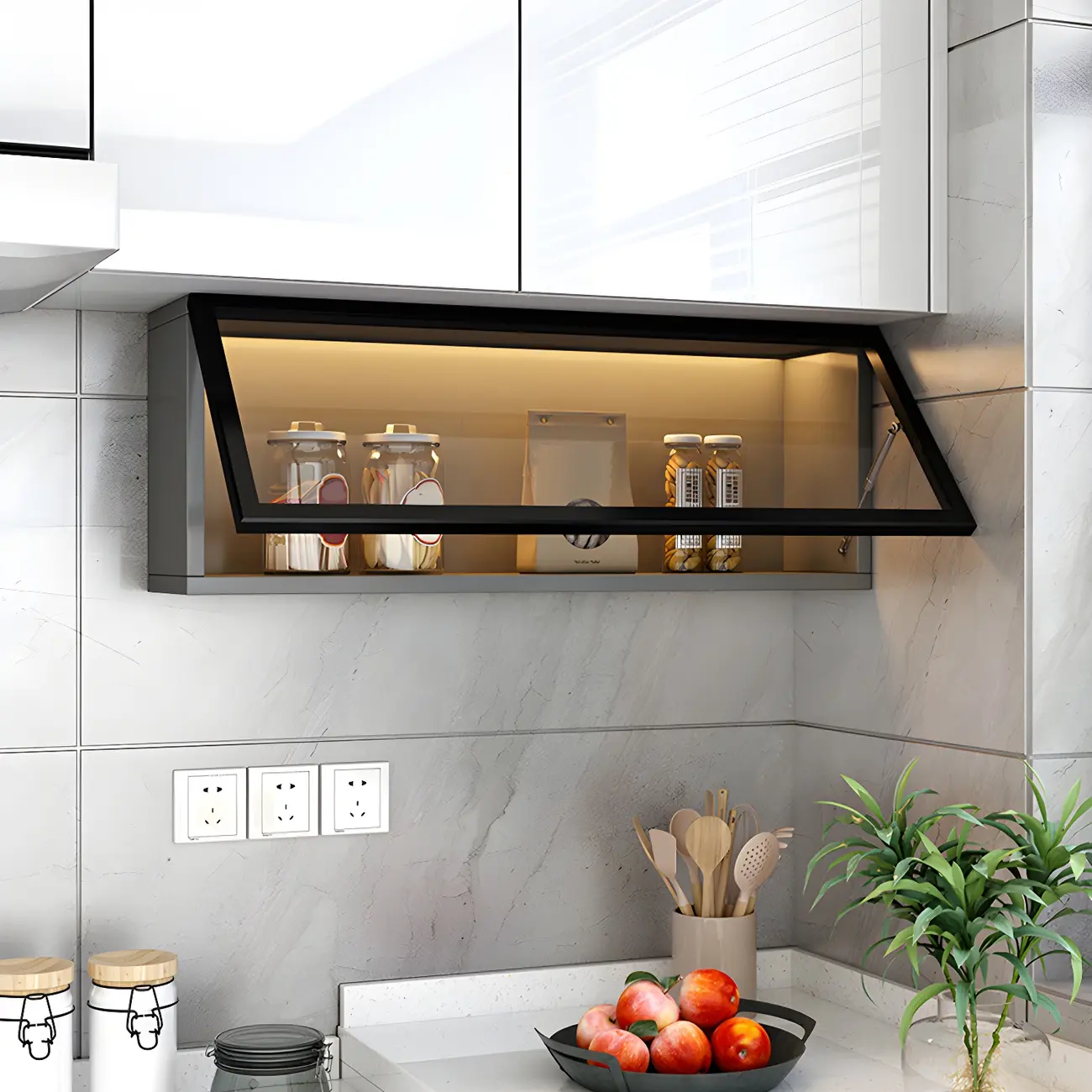 Kitchen Grey Wood Wall-Mounted Display Cabinet Image - 18 | homeyfad