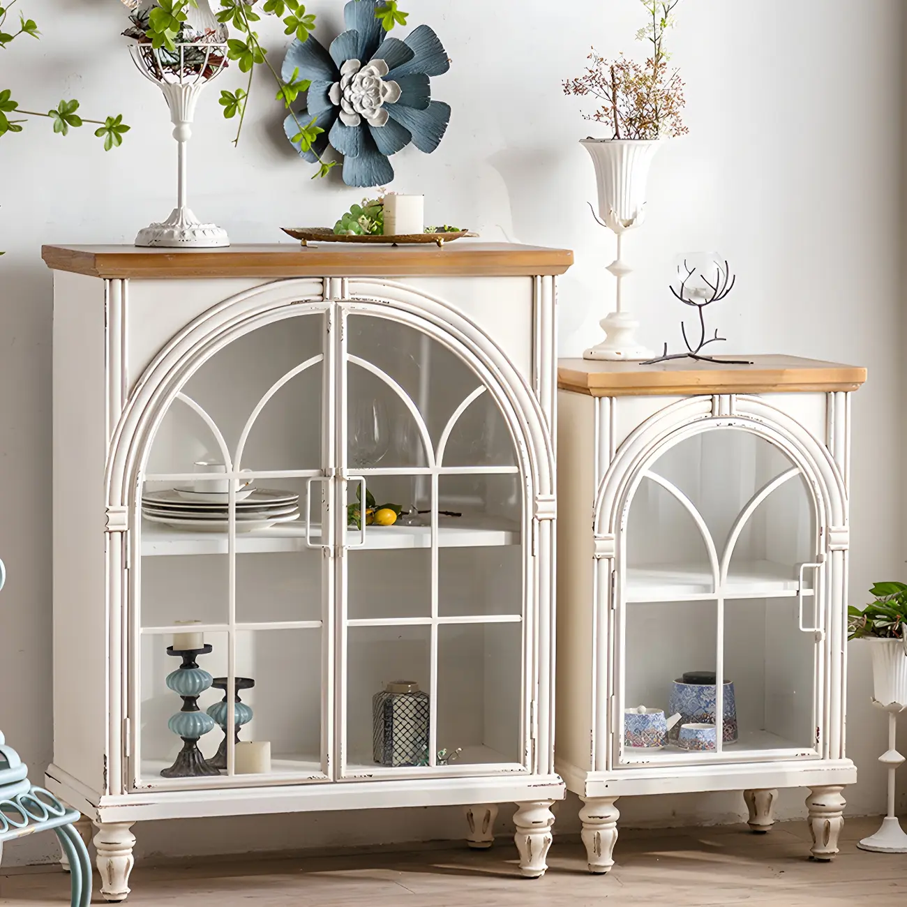 Vintage White Wooden Arched Glass Display Cabinets for Home Image - 1 | homeyfad