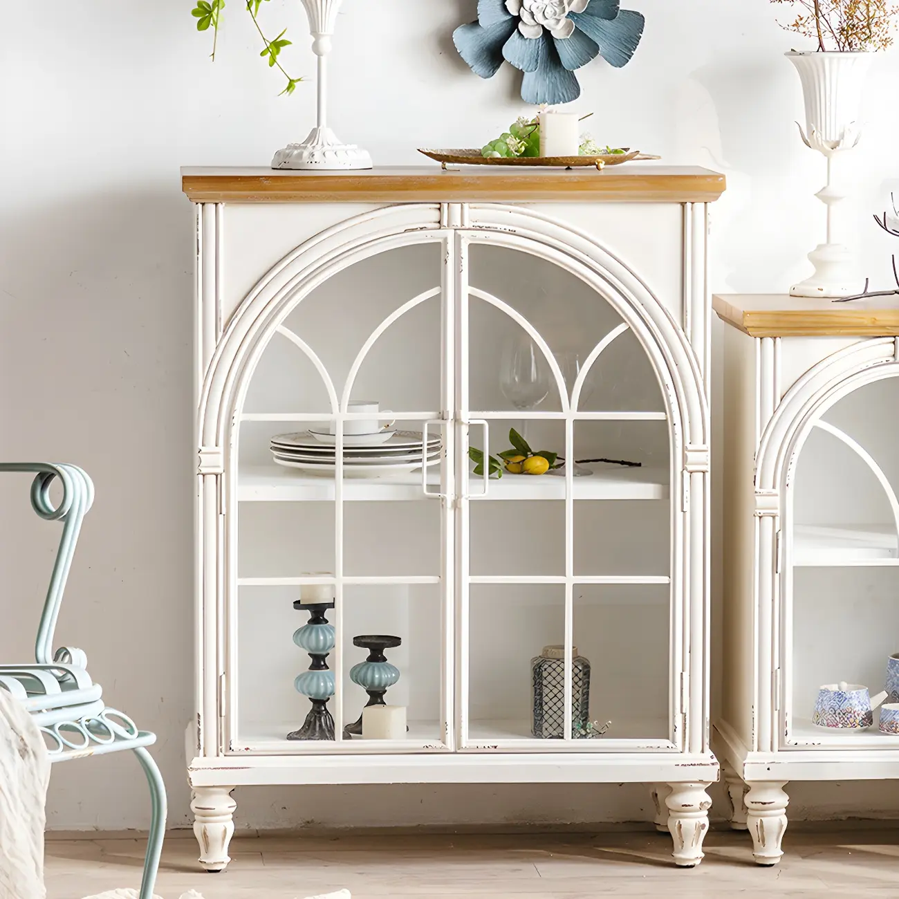 Vintage White Wooden Arched Glass Display Cabinets for Home Image - 2 | homeyfad