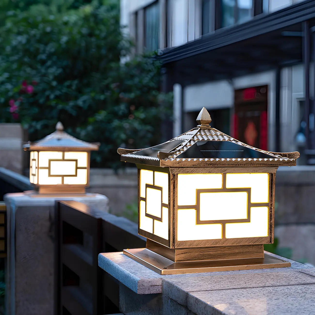 Vintage House-Shape Brass LED Solar Outdoor Post Lights | homeyfad