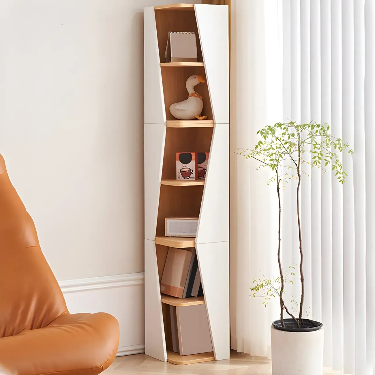 Artistic Modern White Wooden Corner Bookcase  Image - 1