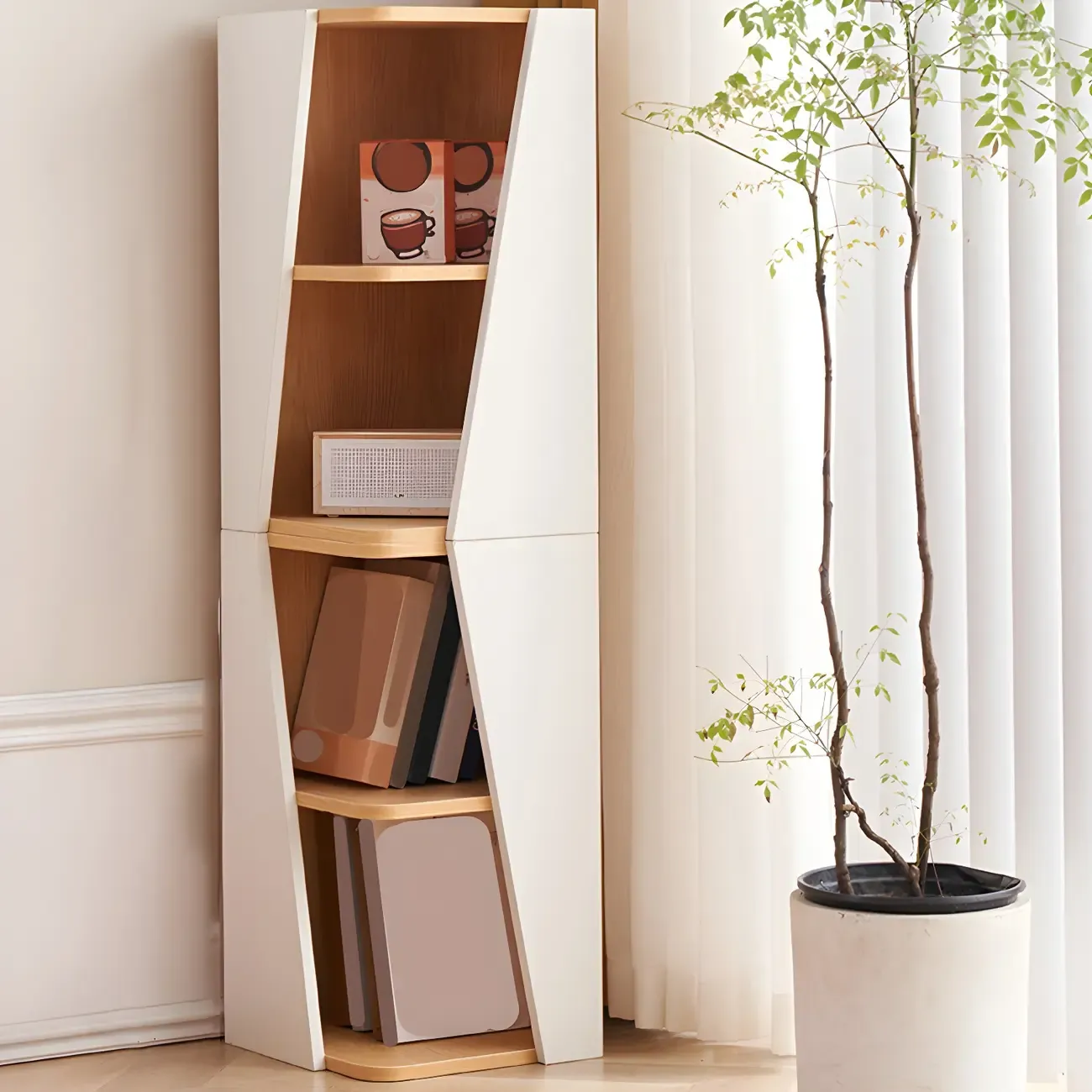 Artistic Modern White Wooden Corner Bookcase  Image - 2